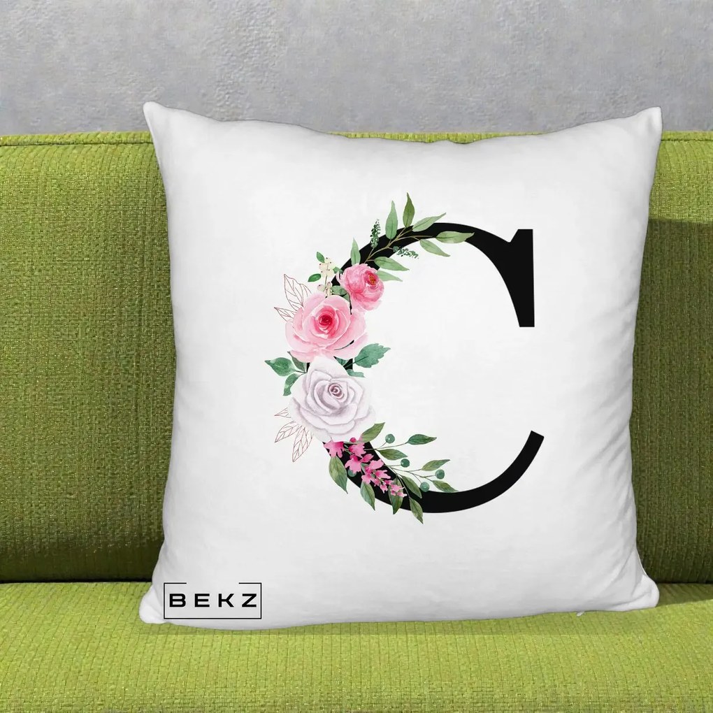 Cadou Personalizat - Perna Personalizata Monograma Florala Litera C, 40x40 cm, Alb Pufos, Husa Detasabila, Perna Inclusa, BEKZ®