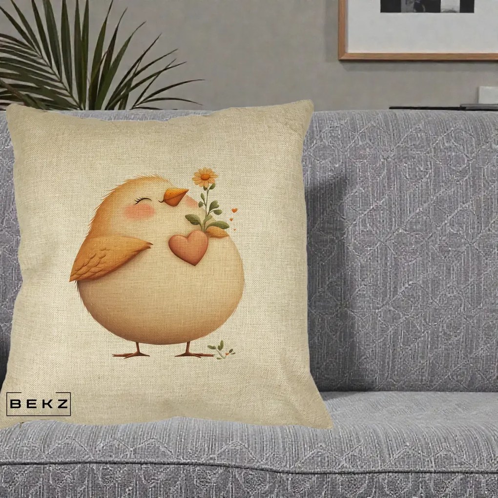 Perna Decorativa Pui cu Inima si Floarea-Soarelui, 40x40 cm, Crem, Husa Detasabila, Perna Inclusa, BEKZ®