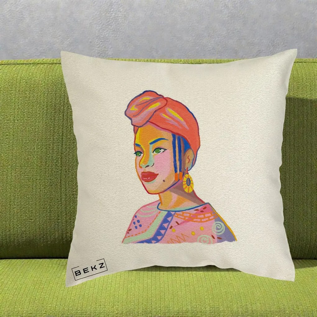 Perna Decorativa Portret Femeie Africana, 40x40 cm, Ecru, Husa Detasabila, Perna Inclusa, BEKZ®