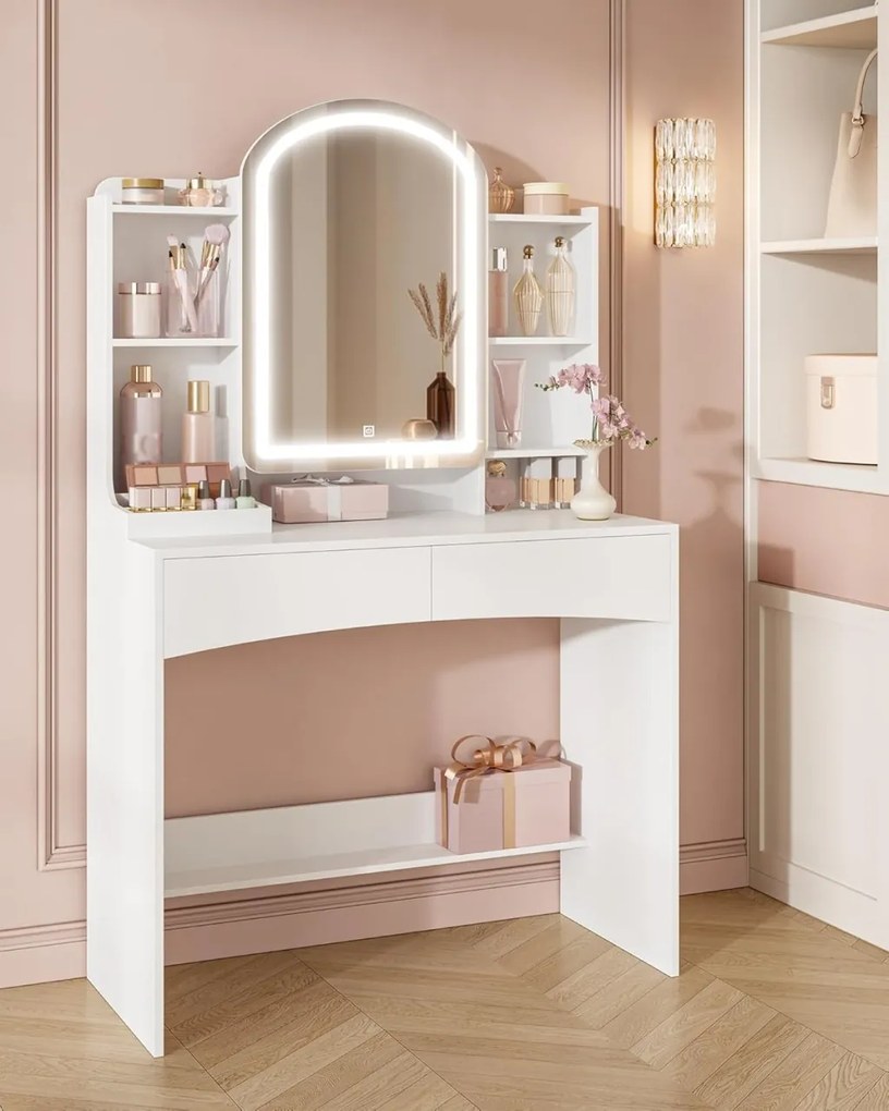 Masuta machiaj cu Oglinda LED si 2 Sertare pentru Cosmetice, Set Masa toaleta 90 cm, Alb, masuta cosmetica, vanity - SEA910