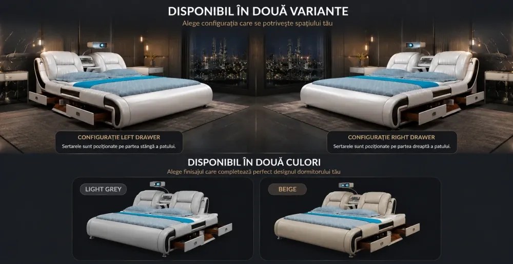 MOB05 Premium 180x200 cm Beige Left Drawer – Pat Inteligent Premium cu Proiector, Purificator de Aer, Vibromasaj, Boxe Bluetooth, Seif Integrat și Spații de Depozitare
