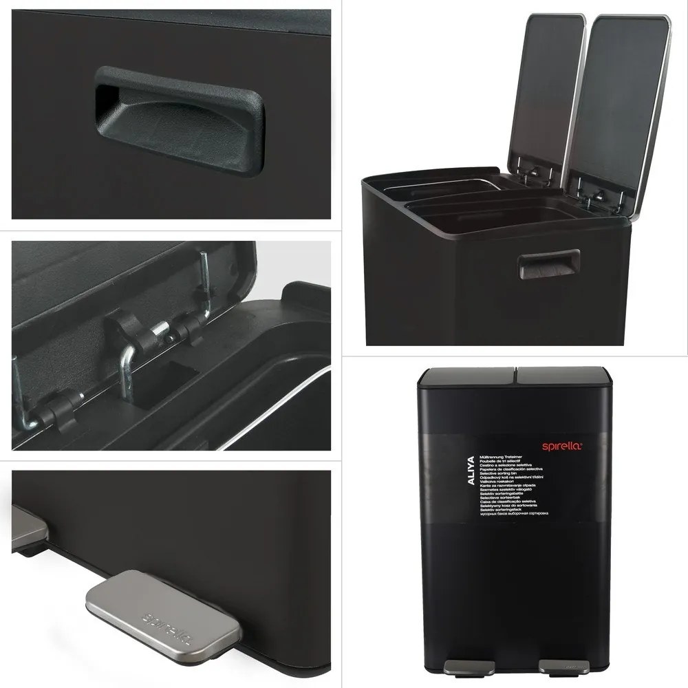 Coș de gunoi negru mat pentru reciclare/cu pedală 2x30 l din oțel Aliya – Spirella