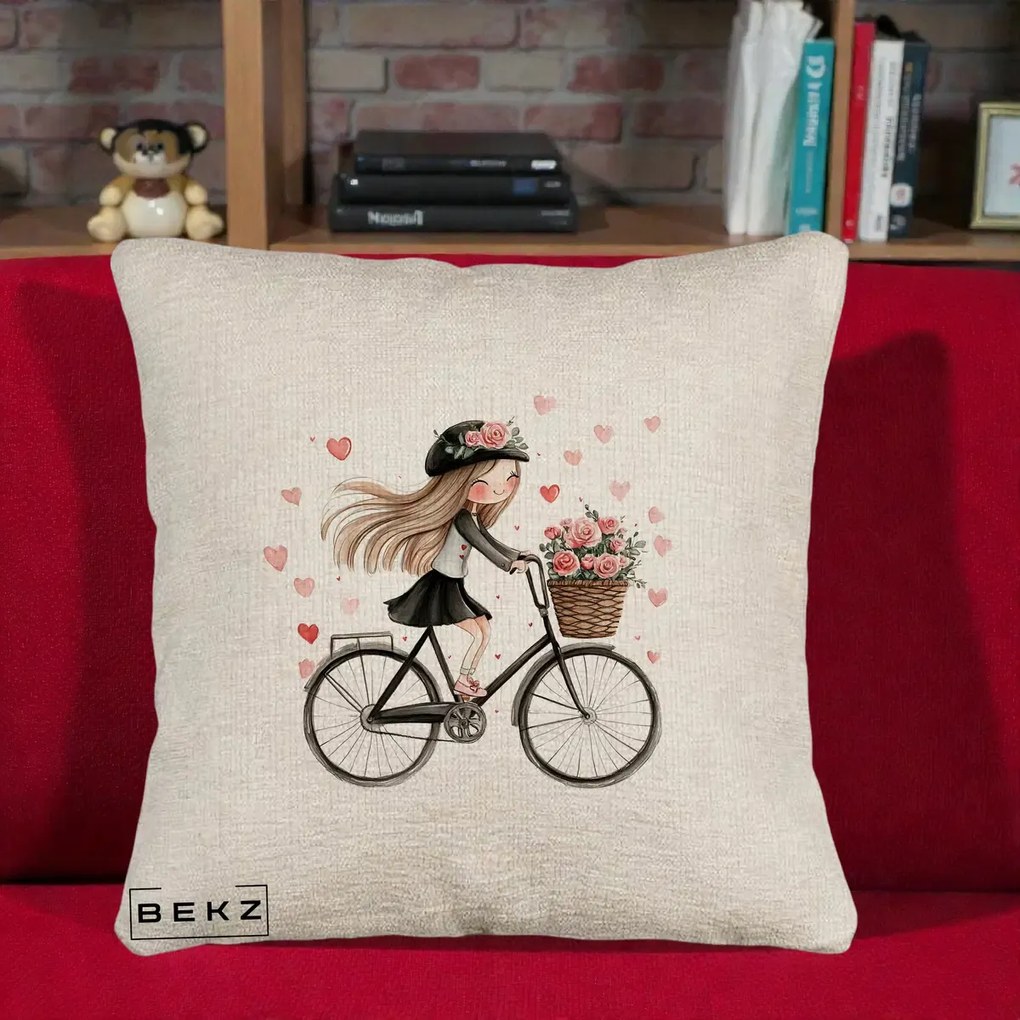 Perna Decorativa Fetita Kawaii pe Bicicleta cu Trandafiri si Inimioare, 40x40 cm, Bej Canapea, Husa Detasabila, Perna Inclusa, BEKZ®