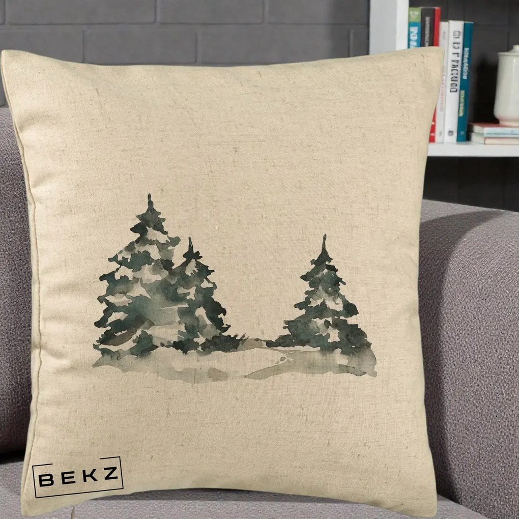 Perna Decorativa Brazi Inzapeziti Acuarela, 40x40 cm, Bej, Husa Detasabila, Perna Inclusa, BEKZ®