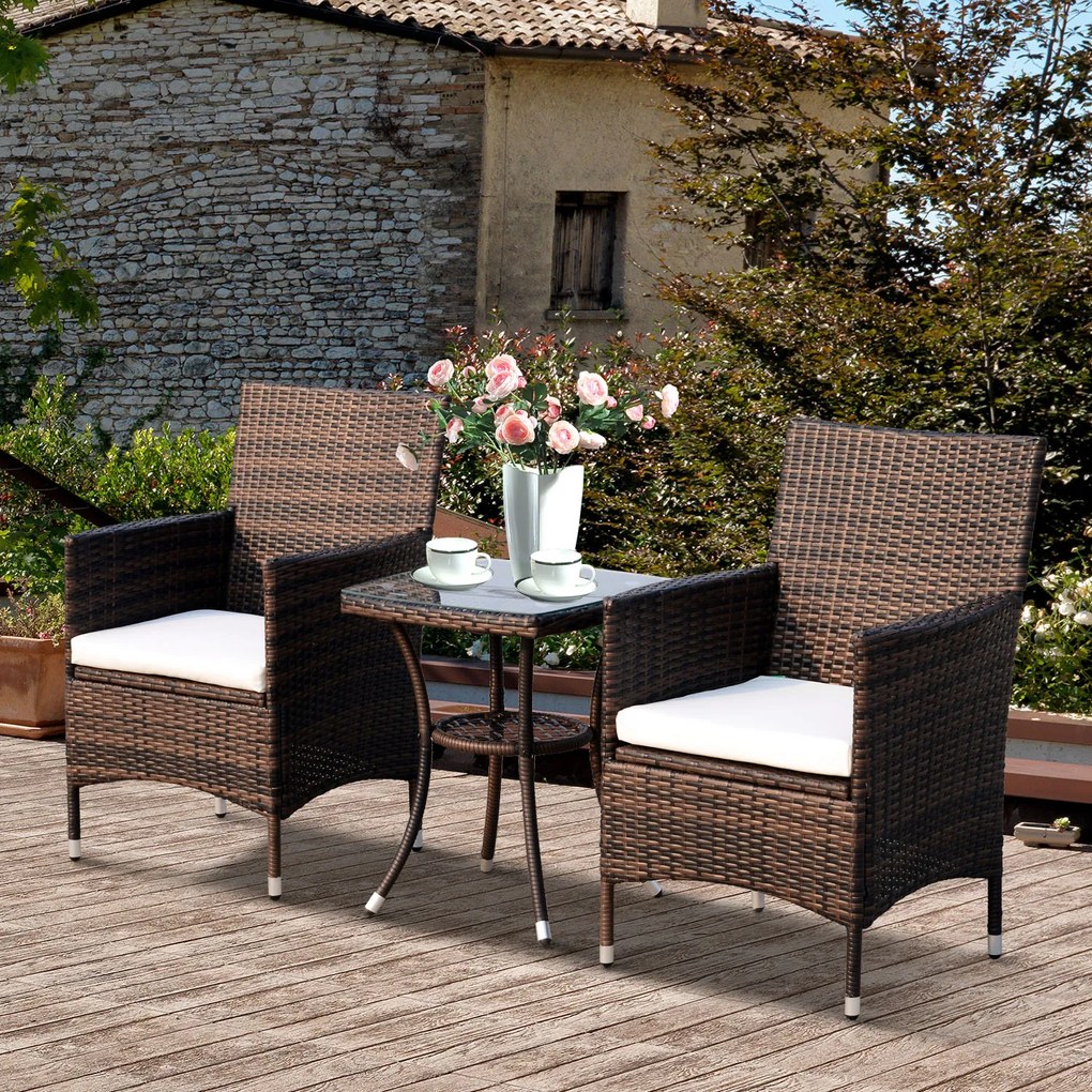 Outsunny Set Mobilier Gradina din Ratan 2 Fotolii Terasa si Masa de Cafea in Sticla cu Perne Decorative, 48x48x60cm Maro | Aosom.ro | Aosom Romania