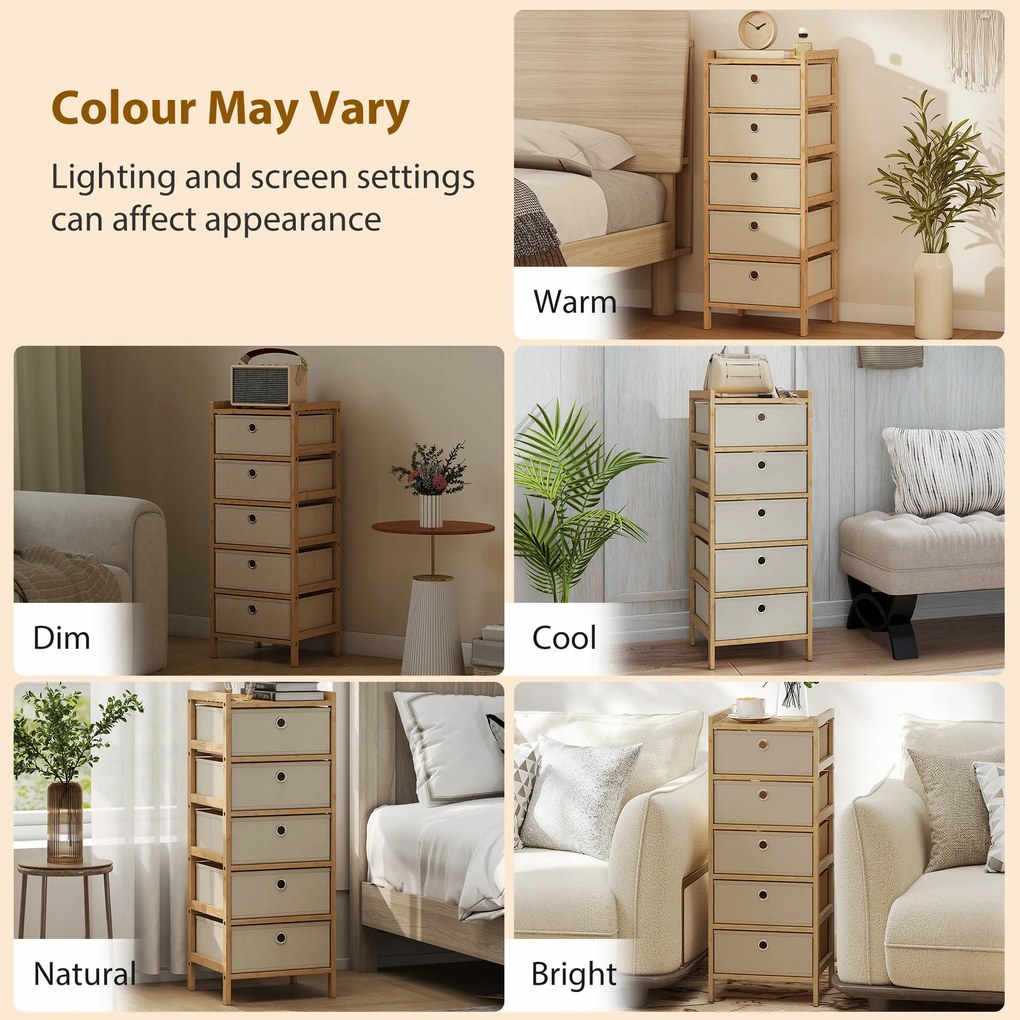 HOMCOM Comodă cu 5 sertare din material textil Cadru din bambus Comodă pentru spații mici Crem și natural | Aosom Romania