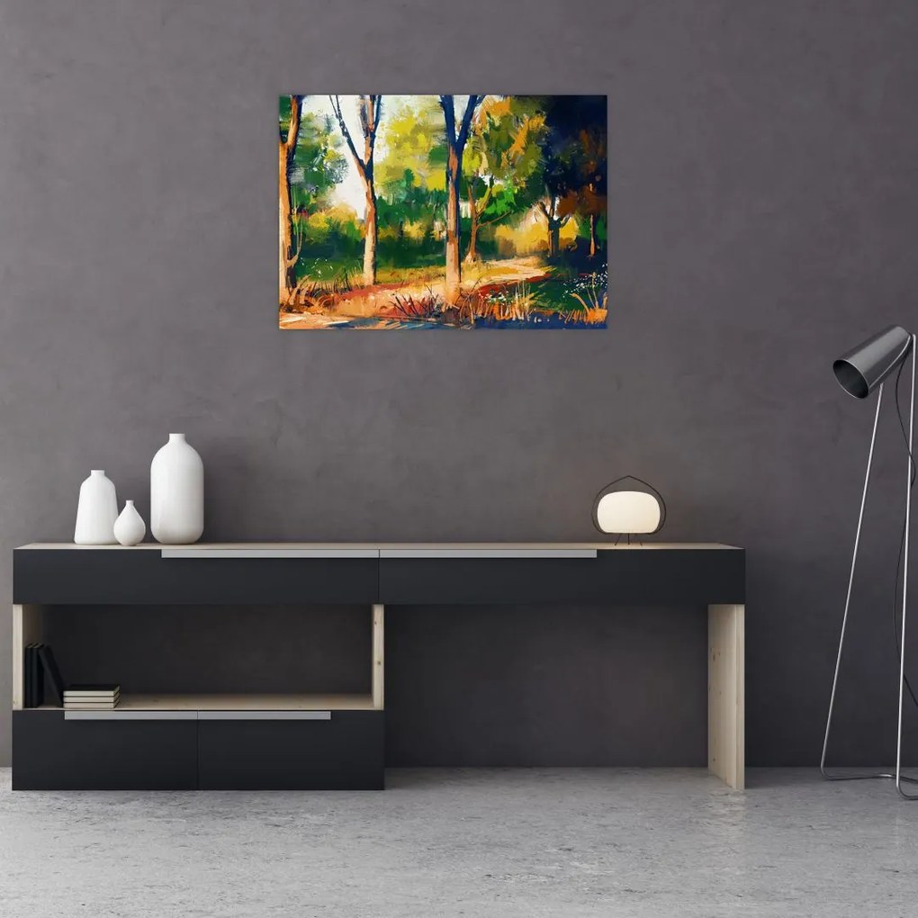 Tablou pe sticlă - Pădure de vară însorită, pictură (70x50 cm)