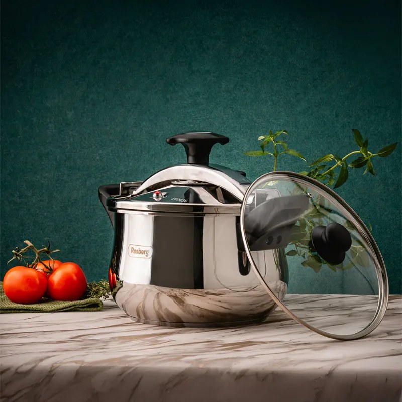 Oala sub presiune Rosberg R51311A5, 5 L, 2 capace, Inductie, Baza 3 straturi, Inox