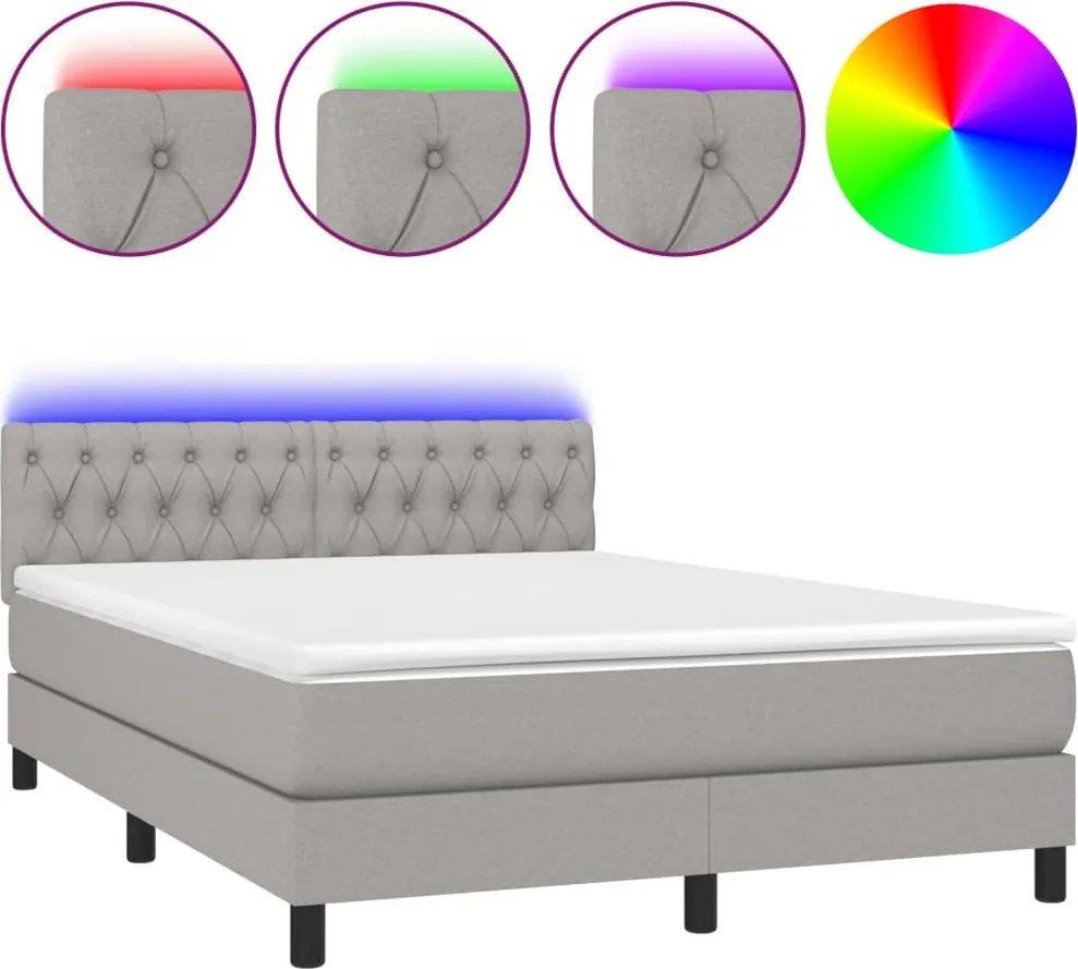 vidaXL Pat cu arcuri, saltea și LED, gri deschis, 140x190 cm, textil