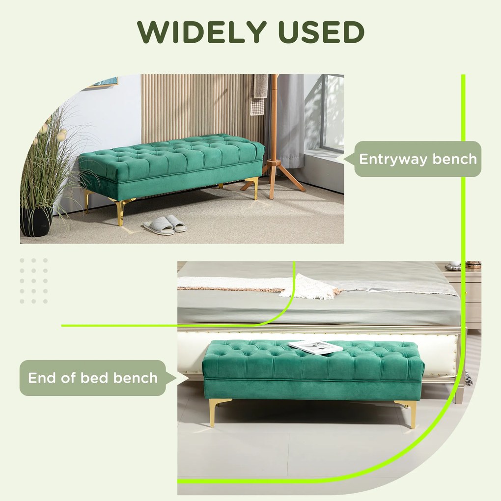 HOMCOM Bancă Hol, cu Husă Capitonată din Catifea cu Picioare Metalice pentru intrare, dormitor sau sufragerie, 118x45x42 cm, Verde | Aosom Romania