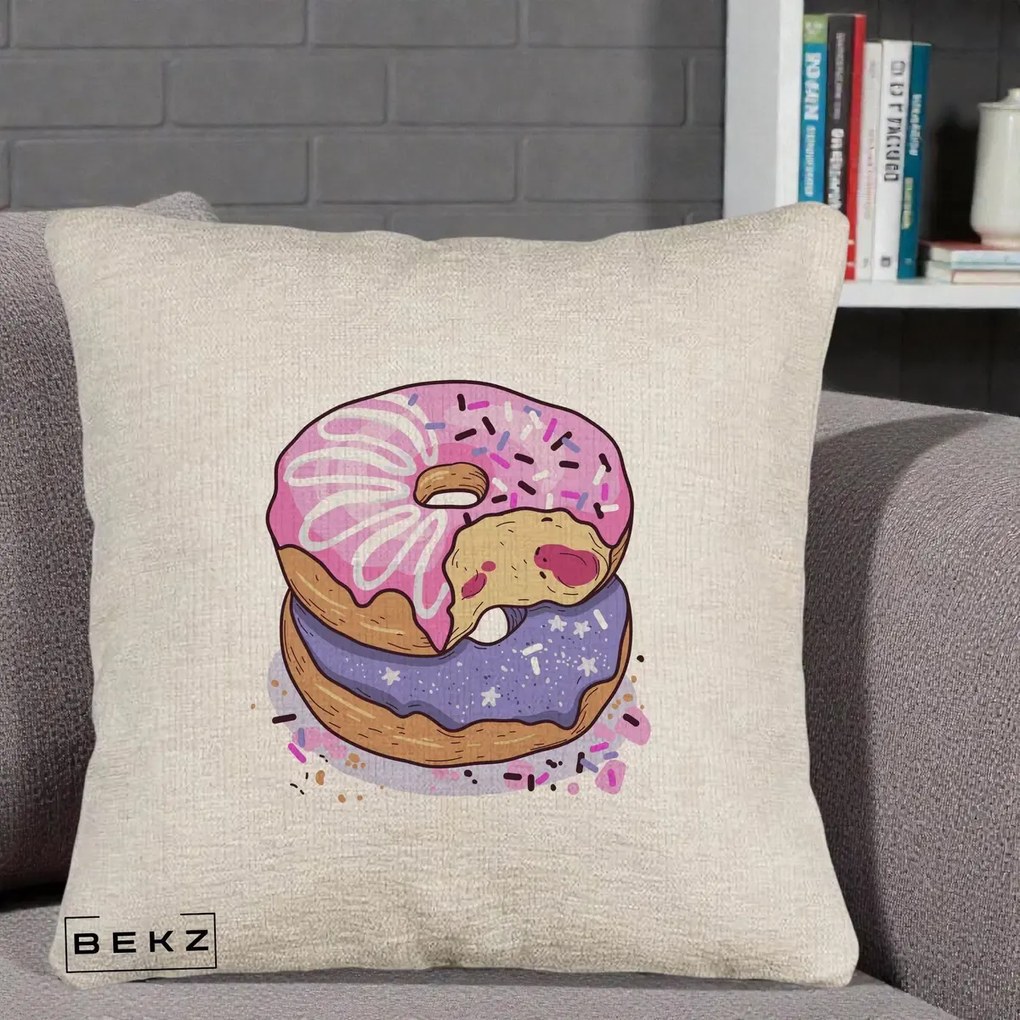 Perna Decorativa Donuts Roz si Mov, 40x40 cm, Bej Canapea, Husa Detasabila, Perna Inclusa, BEKZ®
