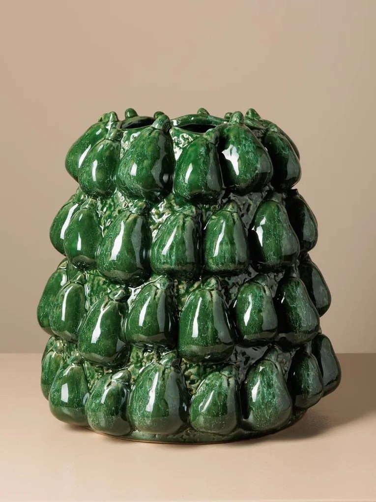 Vază decorativă din ceramică glazurată, model cu pere verzi, H30/D35 cm