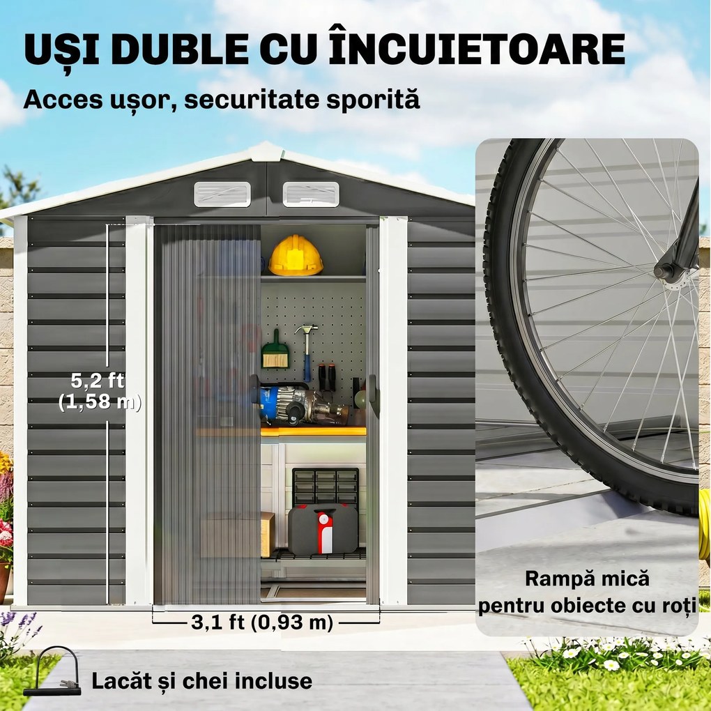 Outsunny Magazie de Grădină din Tablă de Oțel cu 4 Orificii de Ventilație și 2 Uși Glisante, 213x120x194 cm, Gri Închis | Aosom Romania