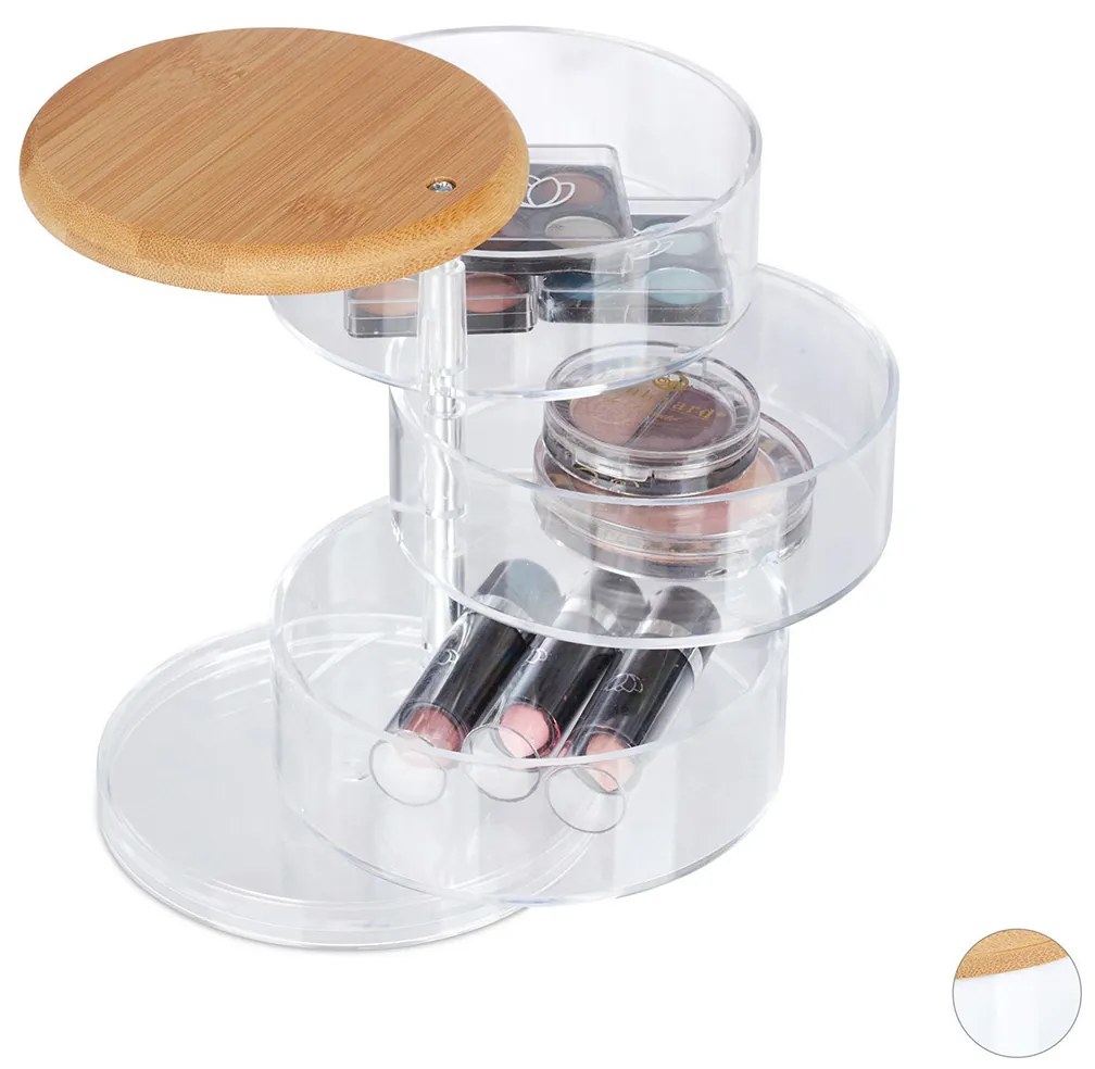 Organizator produse cosmetica 3 compartimente bambus/plastic Transparent