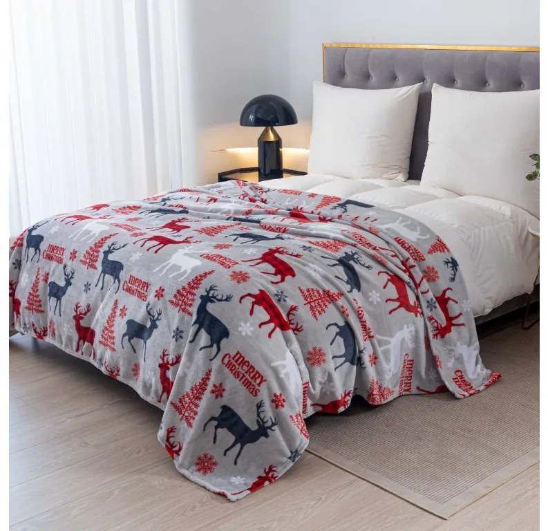 2x Patura de microfleece gri de Craciun MERRY CHRISTMAS DEER 160x200 cm