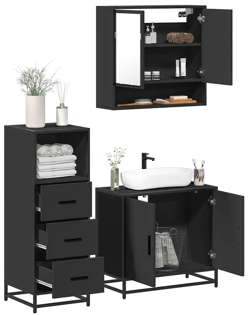 vidaXL Set mobilier de baie, 3 piese, negru, lemn compozit