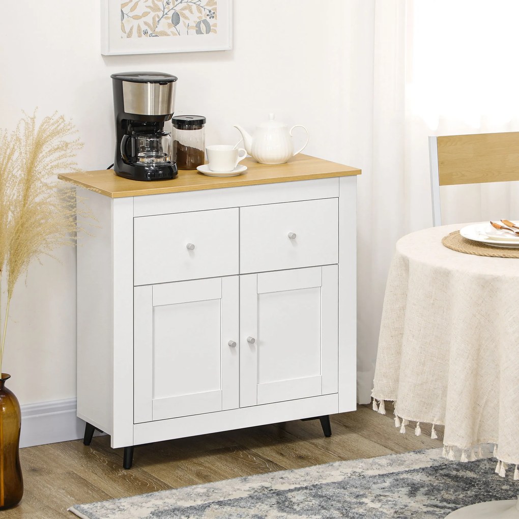 HOMCOM Mobilier de depozitare bufet cu dulap cu uși și 2 sertare, pentru living, sufragerie, dim. 78 x 35 x 80 cm, alb | Aosom Romania