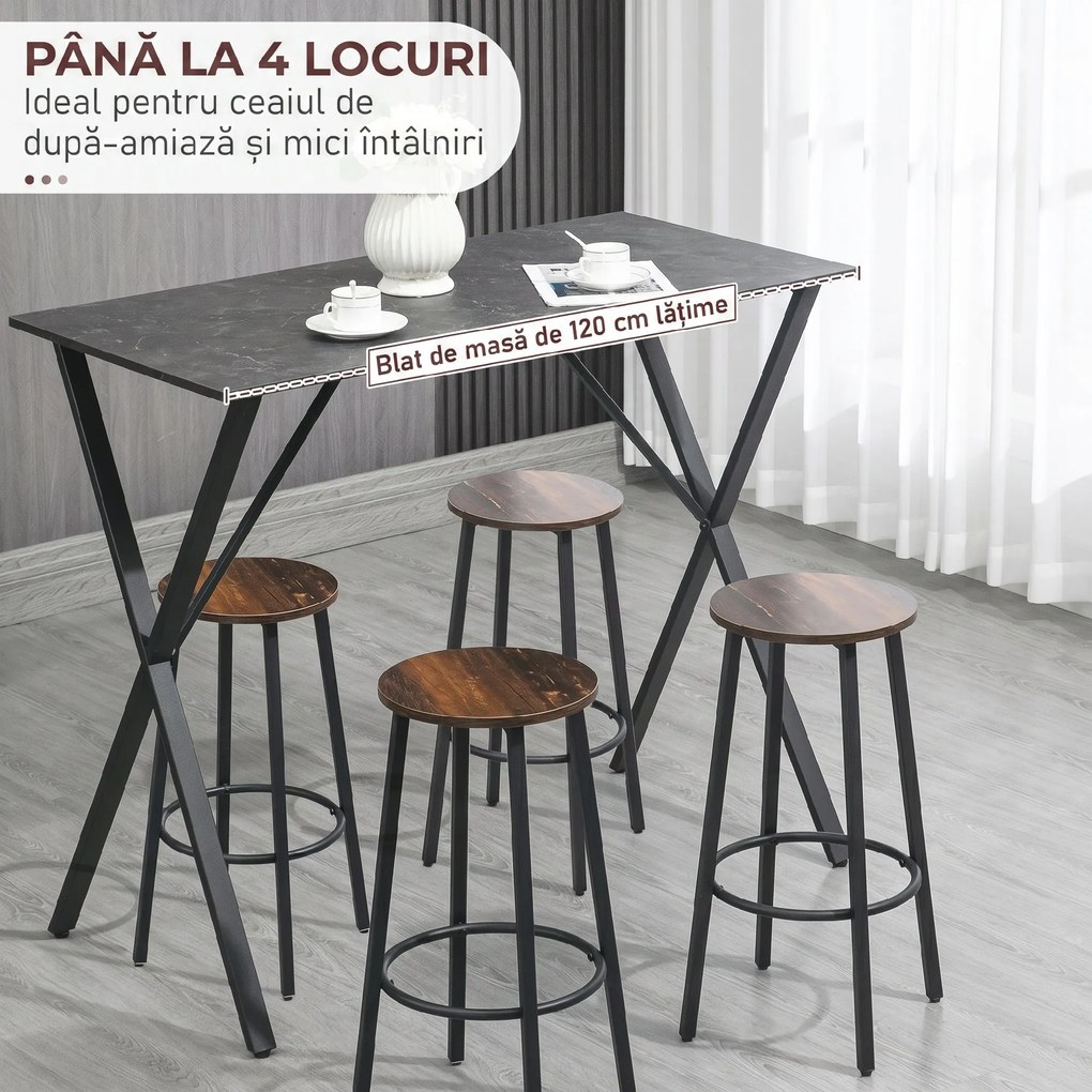 HOMCOM Masă de Bar Rectangulară pentru 4, Blat Efect de Marmură, Design Modern, 120x60x102 cm, Negru | Aosom Romania