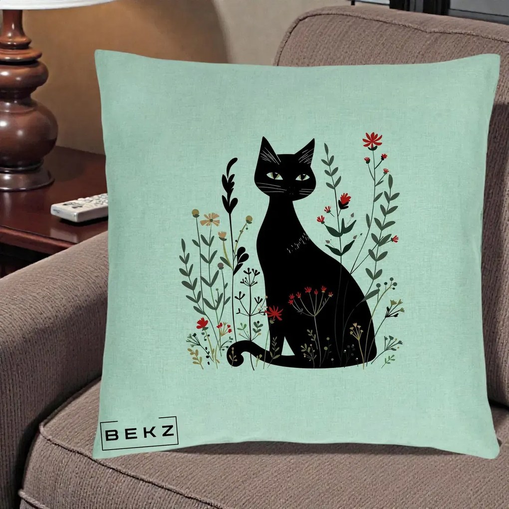 Perna Decorativa Pisica Neagra Botanica Rosu-Gri, 40x40 cm, Verde Menta, Husa Detasabila, Perna Inclusa, BEKZ®