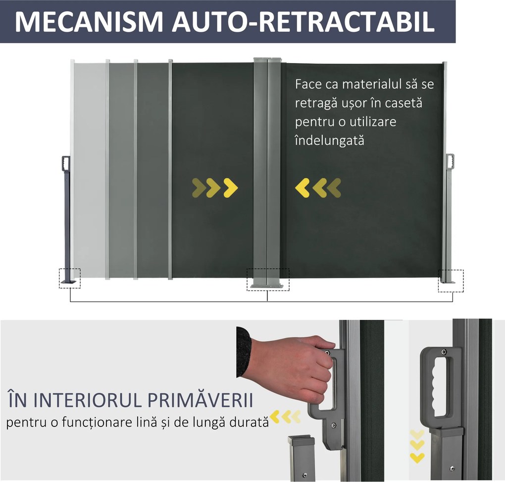 Outsunny Perdea Laterală Retractabilă cu Mâner, Paravan din Metal și Poliester 180 g/m², Anti-UV, pentru Intimitate Exterior, pentru Balcon Grădină, 600x180 cm, Gri | Aosom Romania