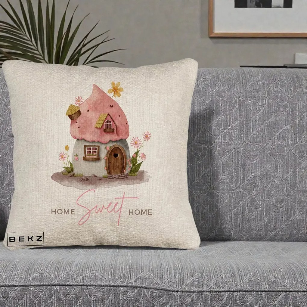 Perna Decorativa Home Sweet Home Casuta, 40x40 cm, Bej Canapea, Husa Detasabila, Perna Inclusa, BEKZ®
