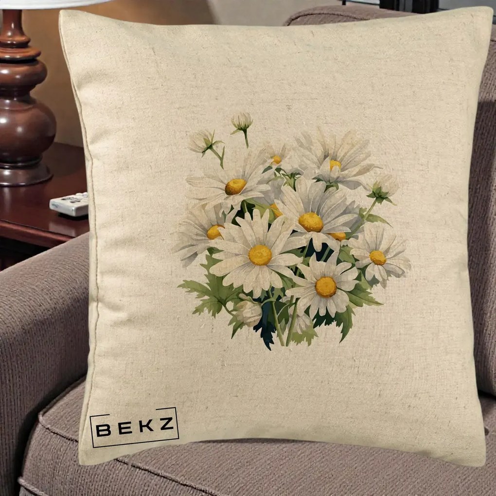 Perna Decorativa Buchet Margarete Albe Acuarela, 40x40 cm, Bej, Husa Detasabila, Perna Inclusa, BEKZ®