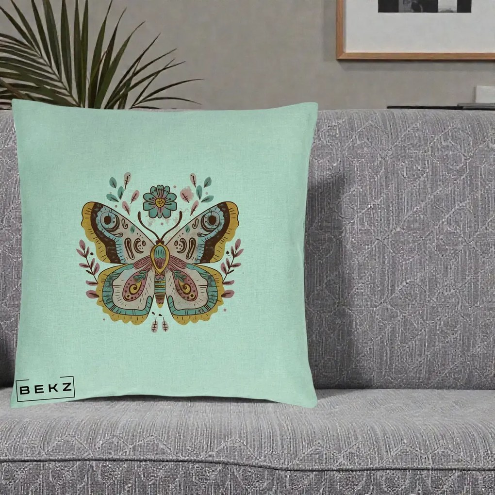 Perna Decorativa Fluture Boho Floral, 40x40 cm, Verde Menta, Husa Detasabila, Perna Inclusa, BEKZ®