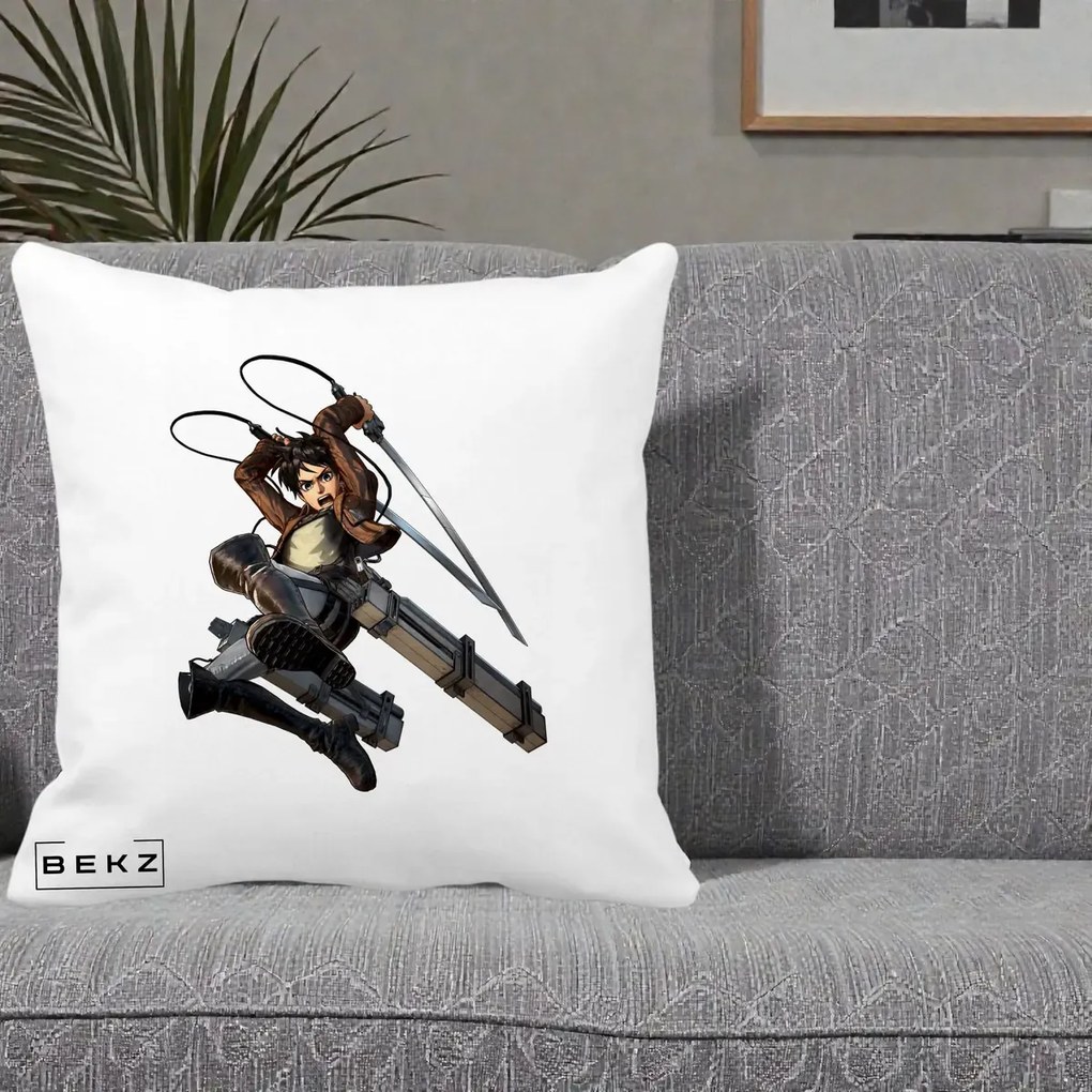 Perna Personalizata Attack on Titan Eren Yeager Lupta, 40x40 cm, Alba Mata, Husa Detasabila, Perna Inclusa, BEKZ®