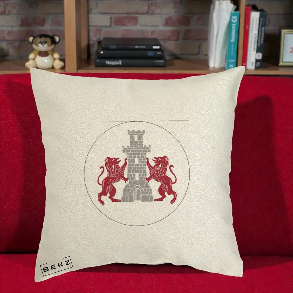 Perna Personalizata Cetatea Turnu Magurele Heraldic, 40x40 cm, Ecru, Husa Detasabila, Perna Inclusa, BEKZ®