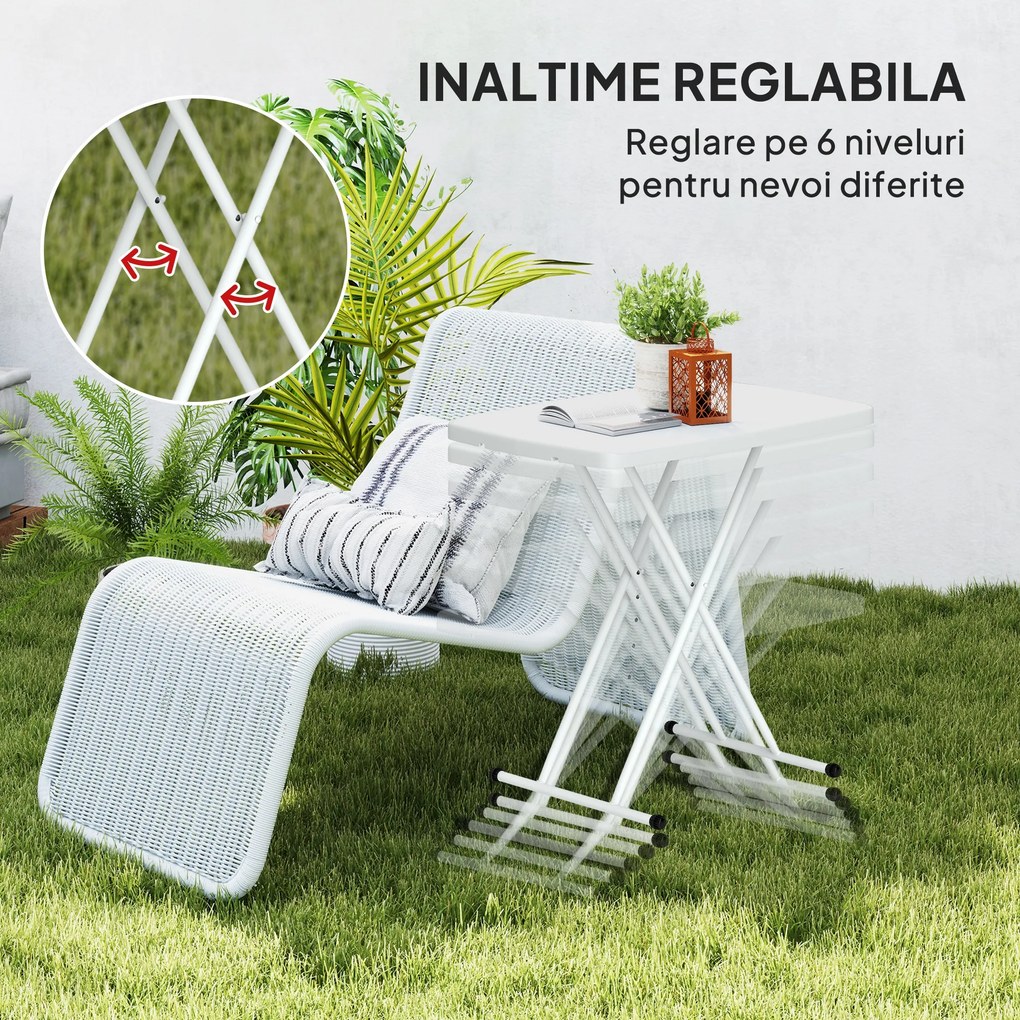 Outsunny Măsuță de Cafea Pliabilă, Reglabilă pe Înălțime și Portabilă, cu Blat HDPE și Cadru Metalic, 76x50x74 cm, Alb | Aosom Romania