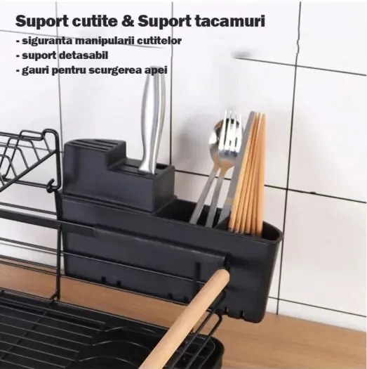 Scurgator, picurator vase chiuveta etajat, vintage, suport tacamuri, pahare, manere lemn, tub de scurgere, negru, 42x32x27cm