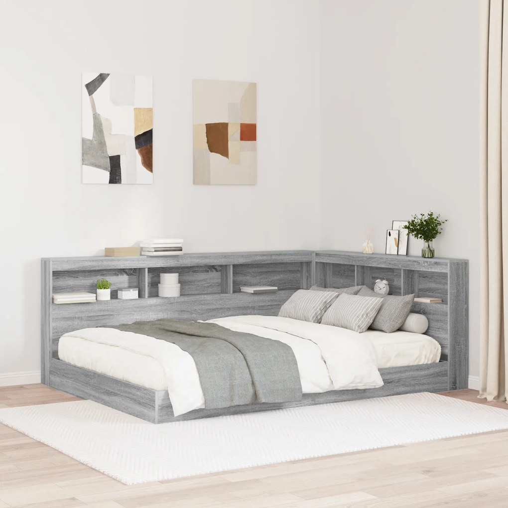 vidaXL Pat cu rafturi Gri Sonoma 140x200 cm din lemn aglomerat