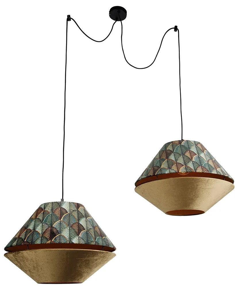 Lampă suspendată neagră cu abajur dublu de catifea, design cu frunze și bej, cu 2 lumini - Cava Luxe