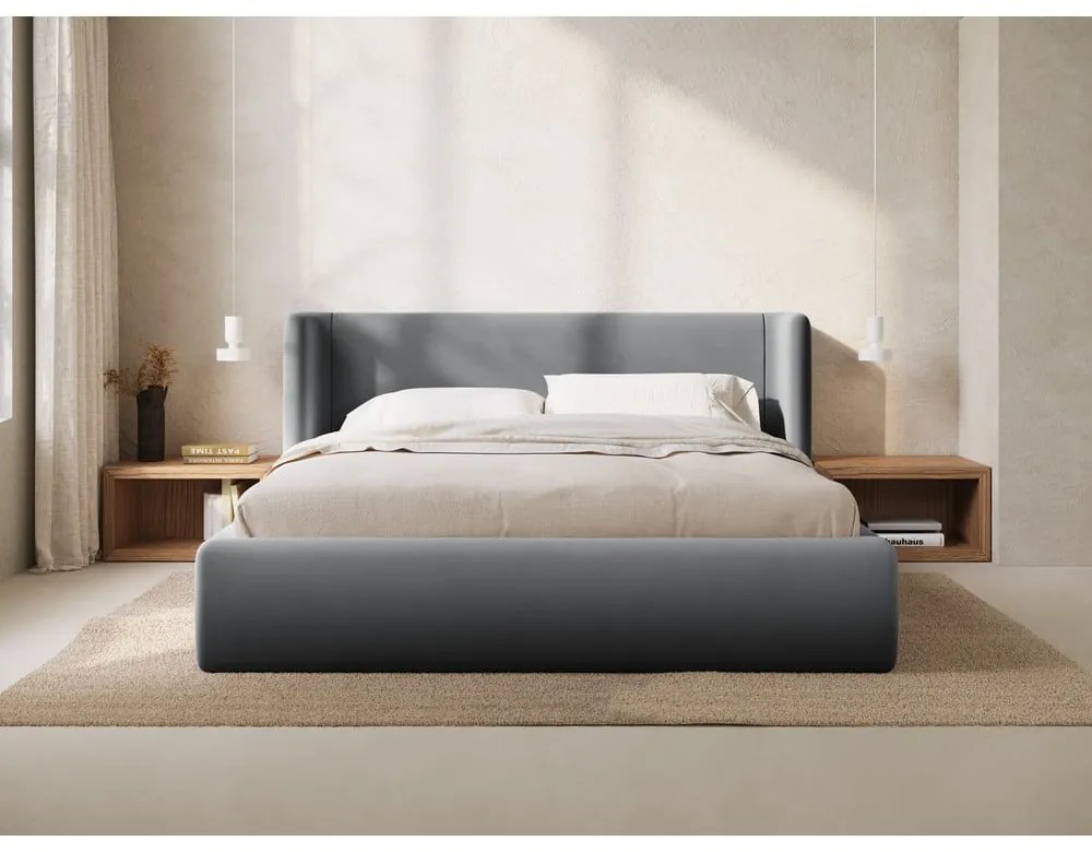 Pat matrimonial gri tapițat cu spațiu de depozitare cu somieră 180x200 cm Jason – Windsor & Co Sofas