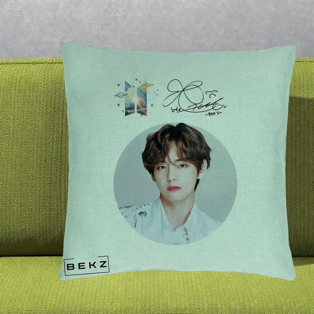 Perna Personalizata K-pop BTS V Taehyung Portret Cerc Autograf, 40x40 cm, Verde Menta, Husa Detasabila, Perna Inclusa, BEKZ®