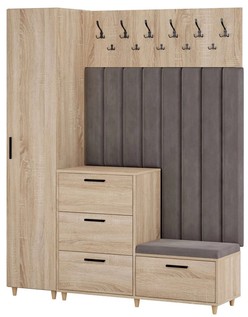 Mobilier pentru hol cu panouri tapitate - Stejar Sonoma