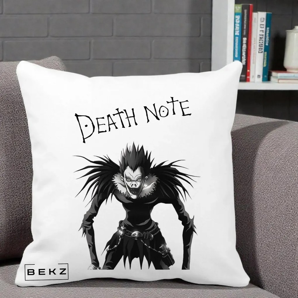 Perna Personalizata Death Note Ryuk Shinigami Alb-Negru, 40x40 cm, Alba Mata, Husa Detasabila, Perna Inclusa, BEKZ®