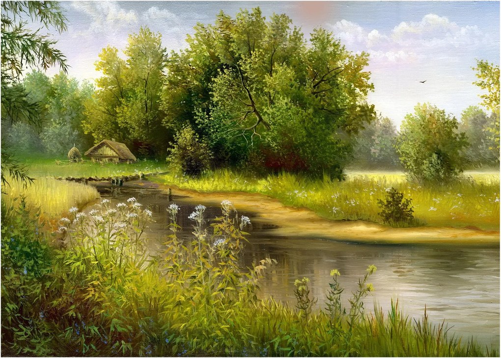 Tablou pe sticlă - Râu lângă pădure, pictură în ulei (70x50 cm)