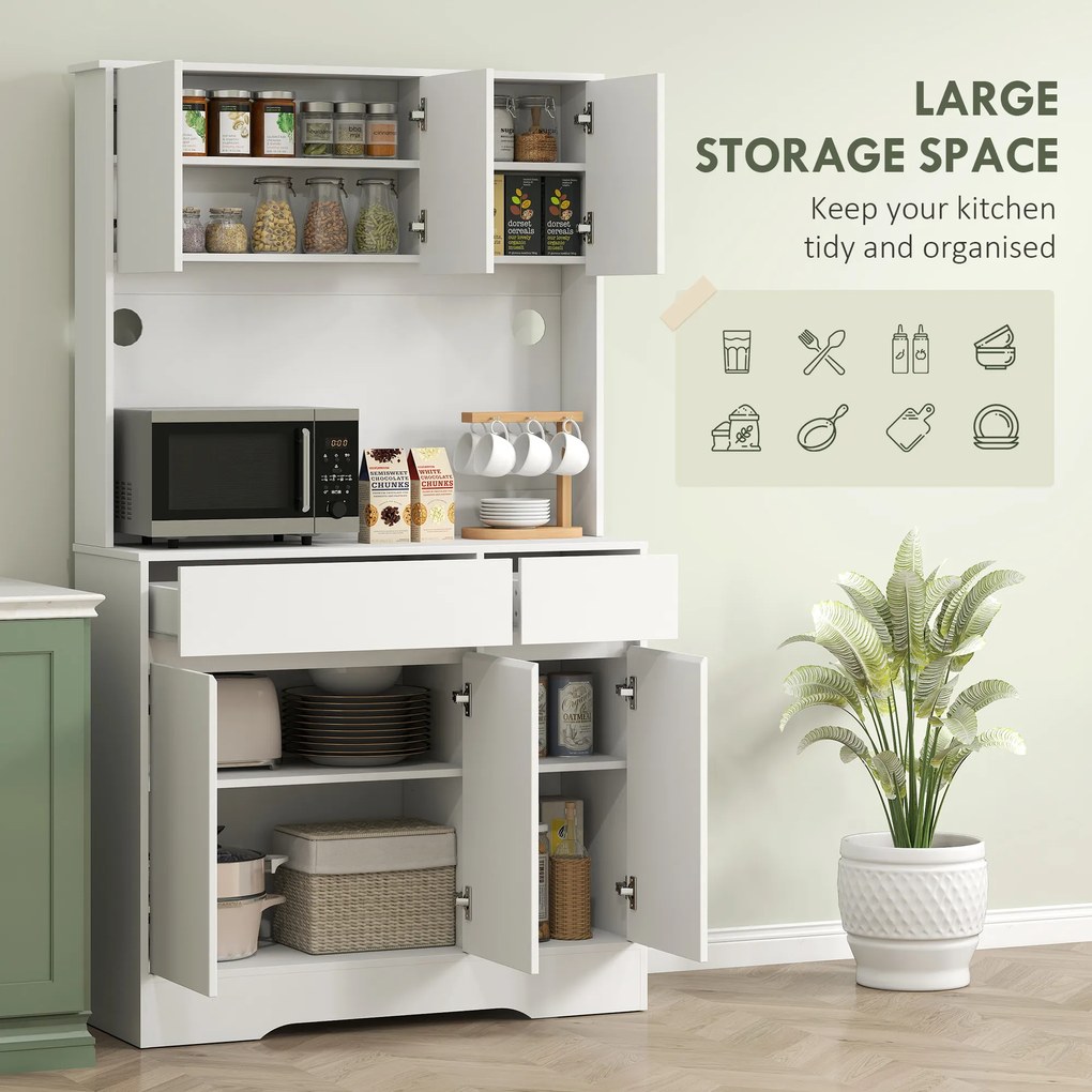 HOMCOM Bufet de Bucătărie Modern cu 4 Dulapuri, 2 Sertare și Rafturi Reglabile, 100x38x180 cm, Alb | Aosom Romania