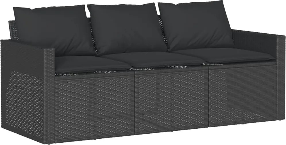 vidaXL Canapea de grădină cu perne, 3 locuri, negru, poliratan