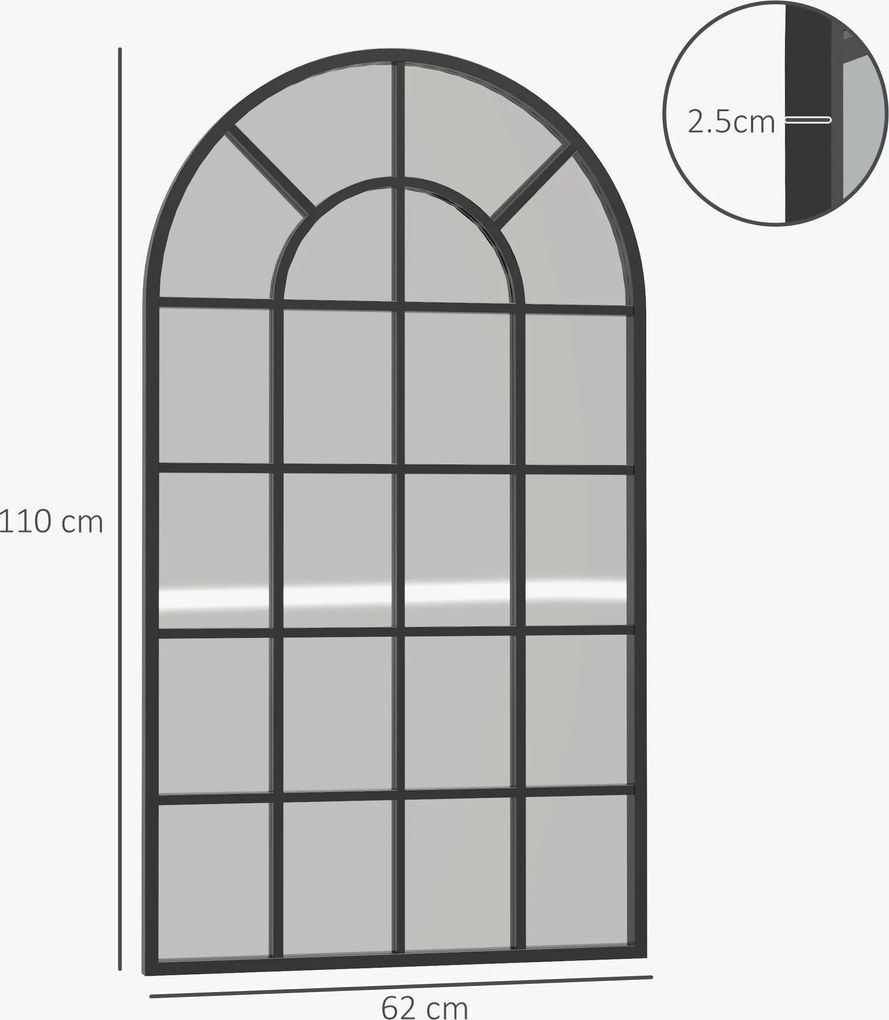 Oglindă arcuită pentru casă și birou cu suport de perete din sticlă groasă și metal, 62x2,5x110 cm, de culoare negru HOMCOM | Aosom Romania