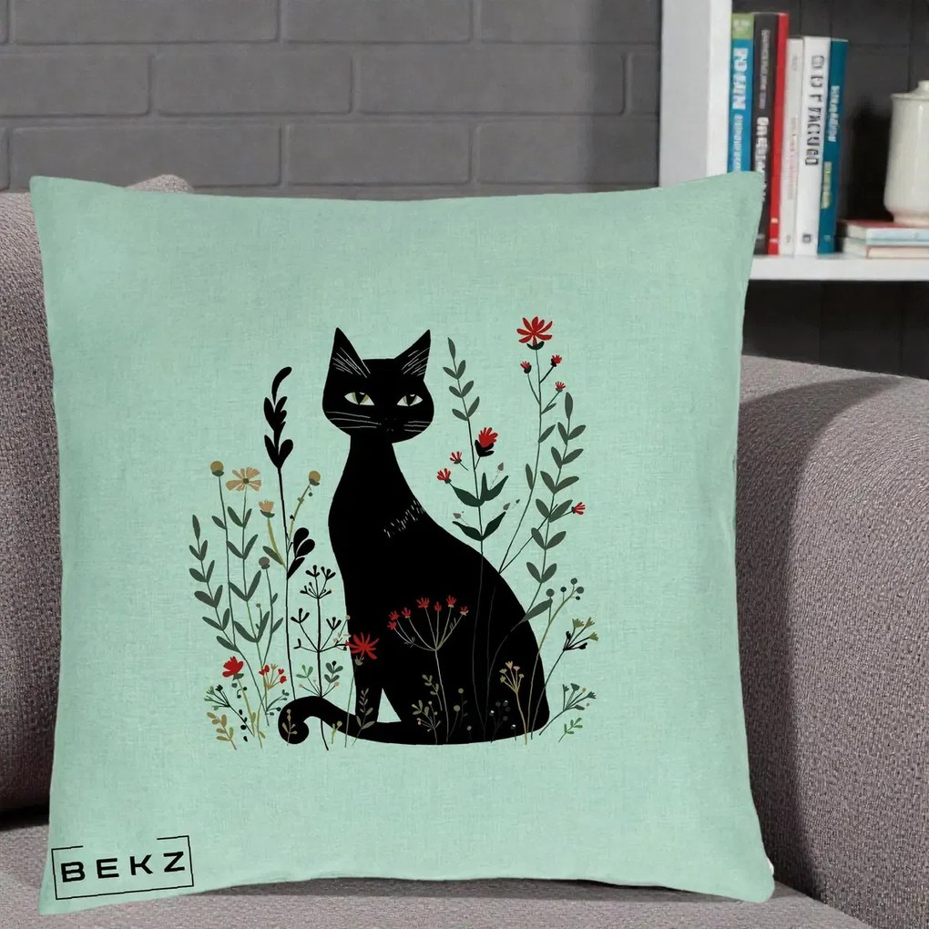 Perna Decorativa Pisica Neagra Botanica Rosu-Gri, 40x40 cm, Verde Menta, Husa Detasabila, Perna Inclusa, BEKZ®