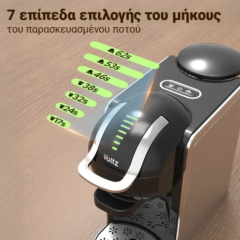 Espressor 8in1 Oliver Voltz OV51171K8R, 1450W, 0.8 L, 5 adaptoare, 19 bar, Cafea macinata si capsule, Negru/Argentiu
