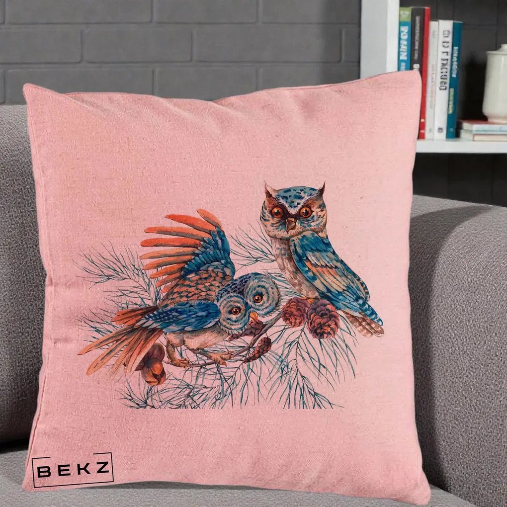 Perna Decorativa Bufnite de Iarna Albastre, 40x40 cm, Roz, Husa Detasabila, Perna Inclusa, BEKZ®