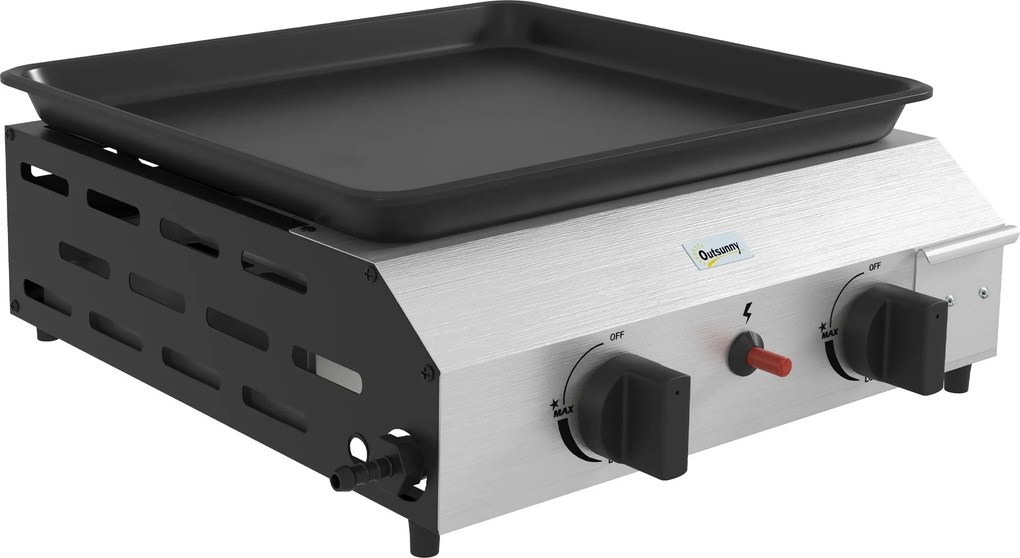 Outsunny Plancha gaz din oțel inoxidabil emailat 2 arzătoare 4,8 kW antiaderentă suprafață mare de gătit 40L x 34l cm, transportabilă | Aosom Romania
