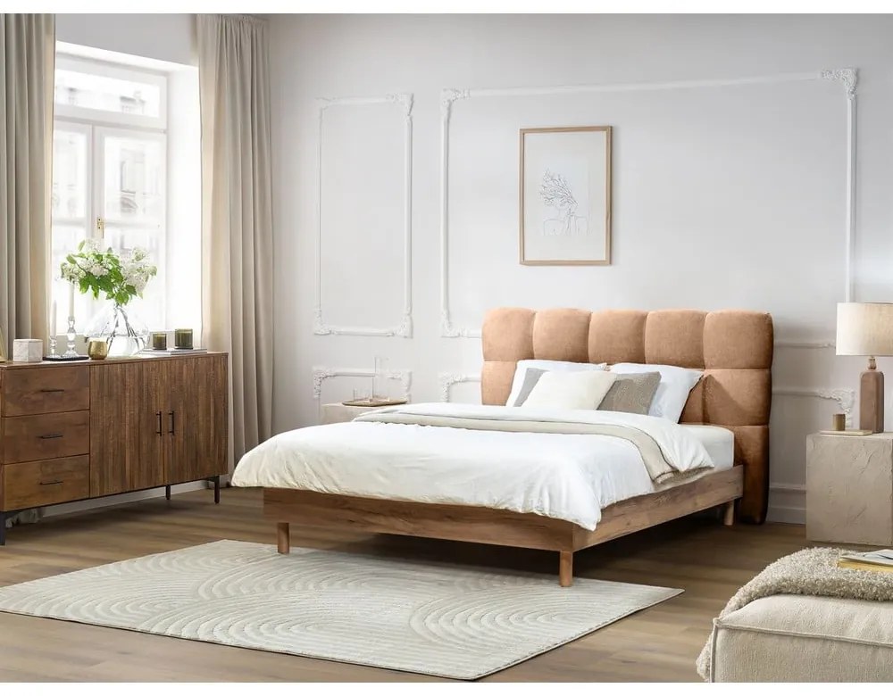 Pat matrimonial roz deschis tapițat cu somieră 160x200 cm Kumo – Bobochic Paris