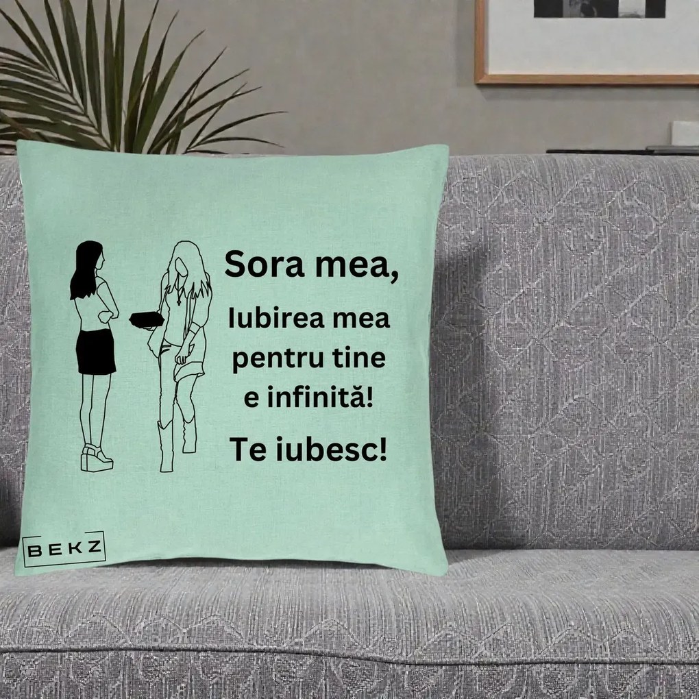 Cadou pentru Sora - Perna Personalizata Sora Mea Te Iubesc Fete Elegante cu Cadou, 40x40 cm, Verde Menta, Husa Detasabila, Perna Inclusa, BEKZ®