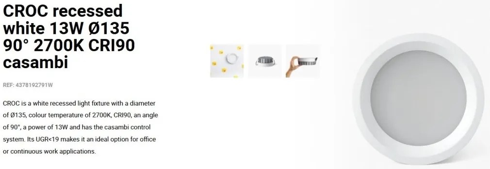 Spot LED incastrabil CROC IP44 recessed white 13W 13,5cm 90 grade 2700K CRI90 casambi