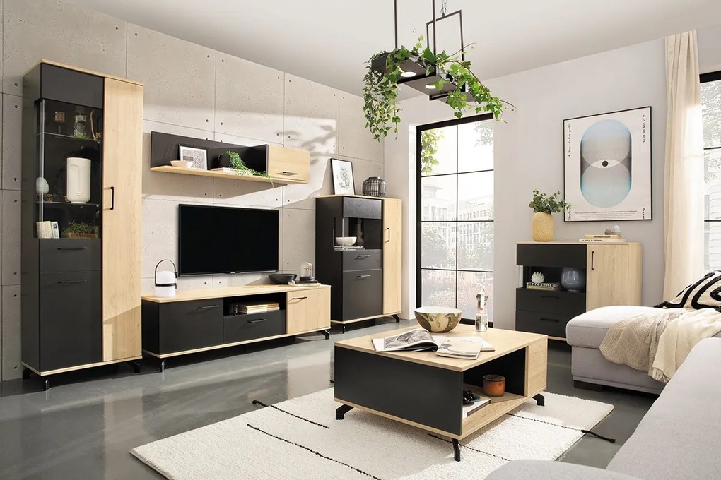 Comodă Madison MD11 cu sertar 90 cm - negru / stejar biscuiți