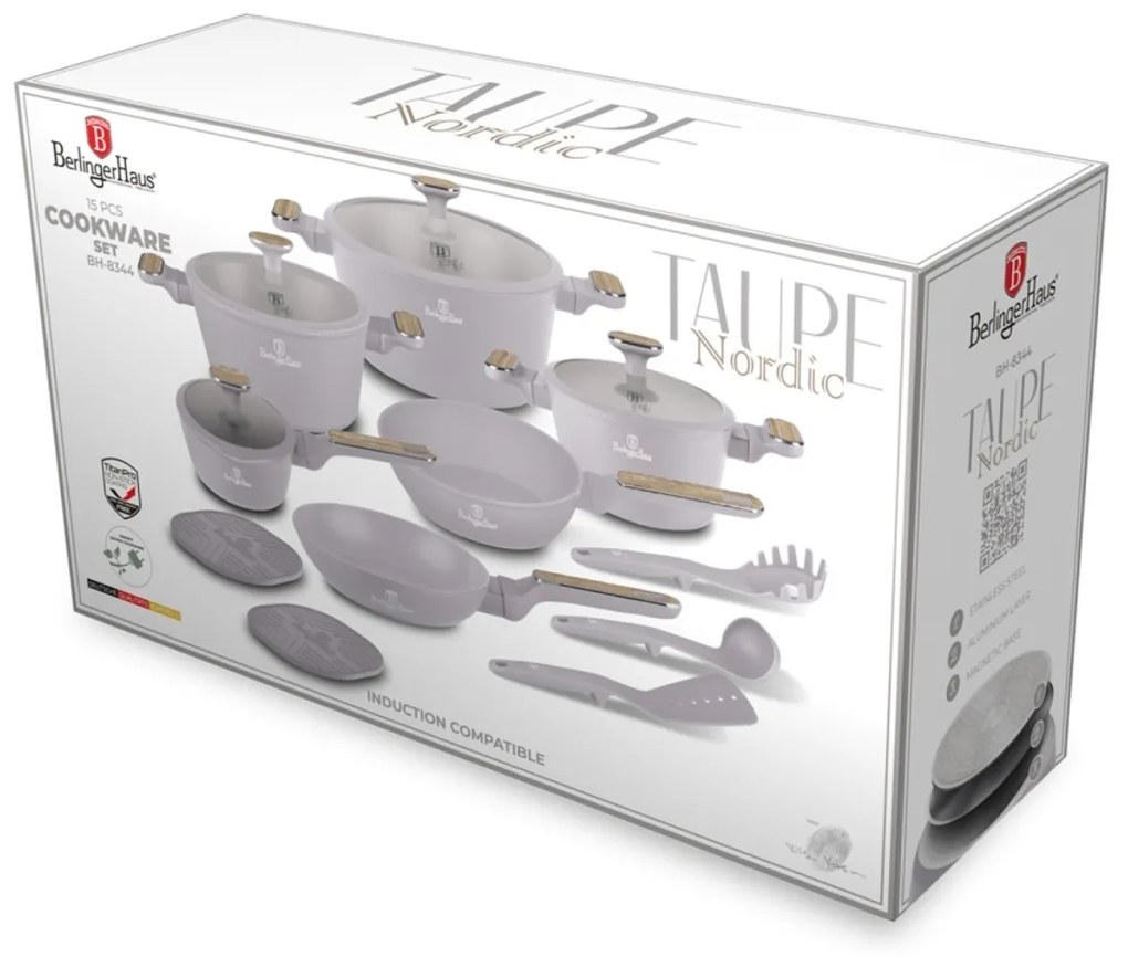 Set oale si tigai 15 piese Nordic Taupe Berlinger Haus BH 8344, gri, antiaderente, compatibile inductie
